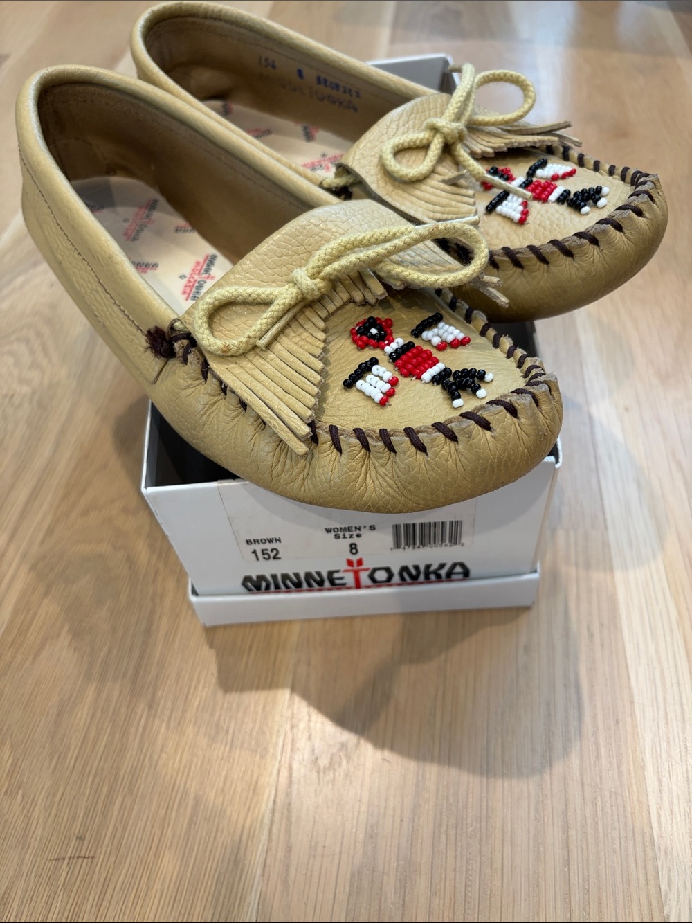 Minnetonka Tan Beaded Fringe Moccasins